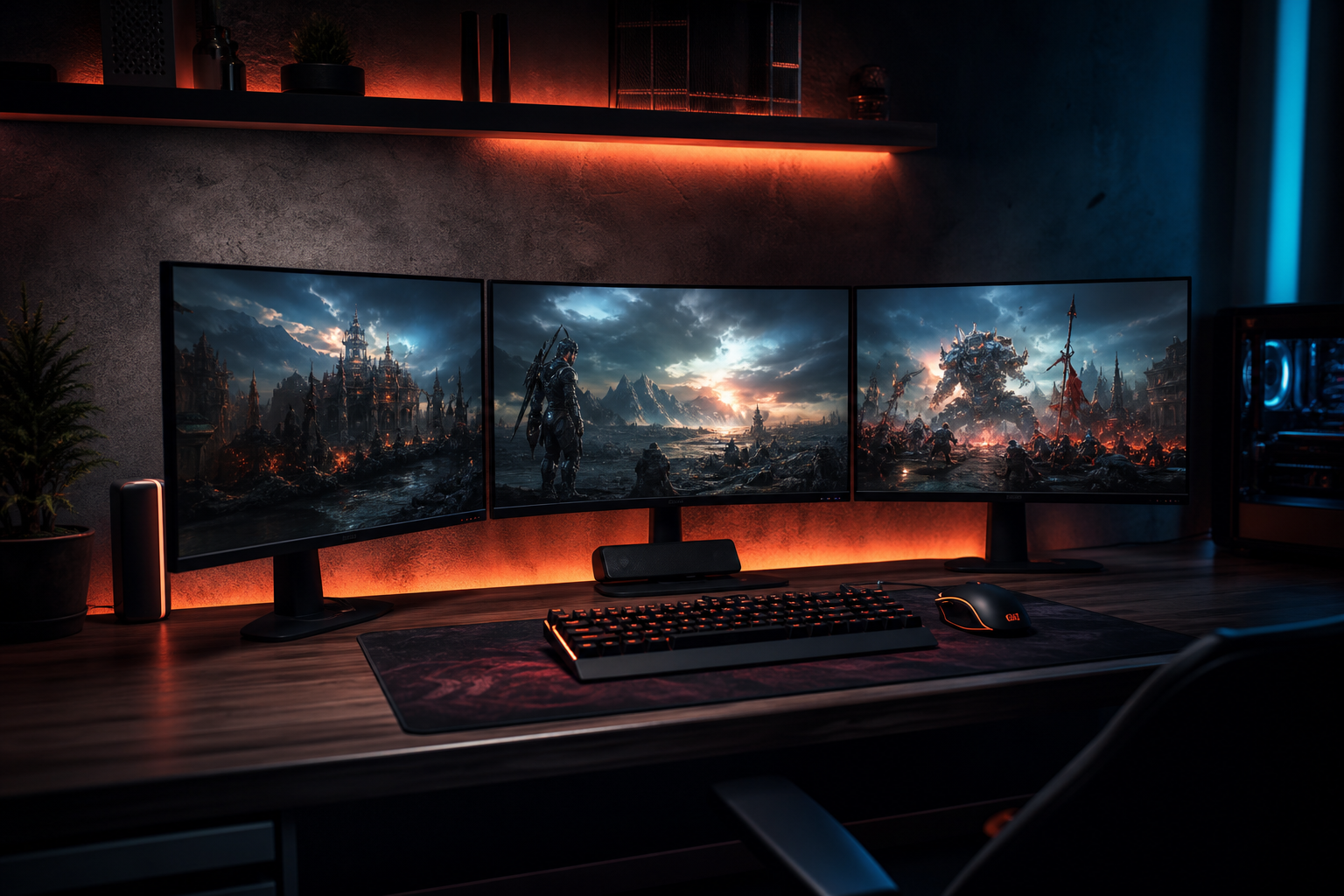 Multi-monitor gaming setup lit by RGB ambient lighting
