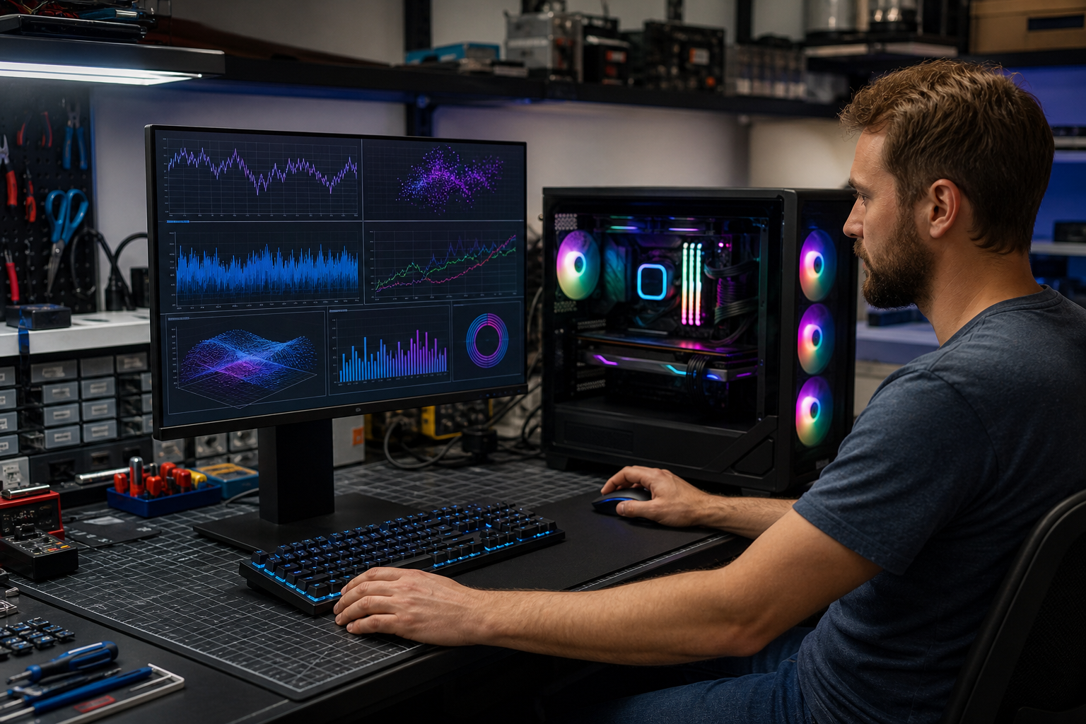 Technician benchmarking a PC with performance graphs on screen