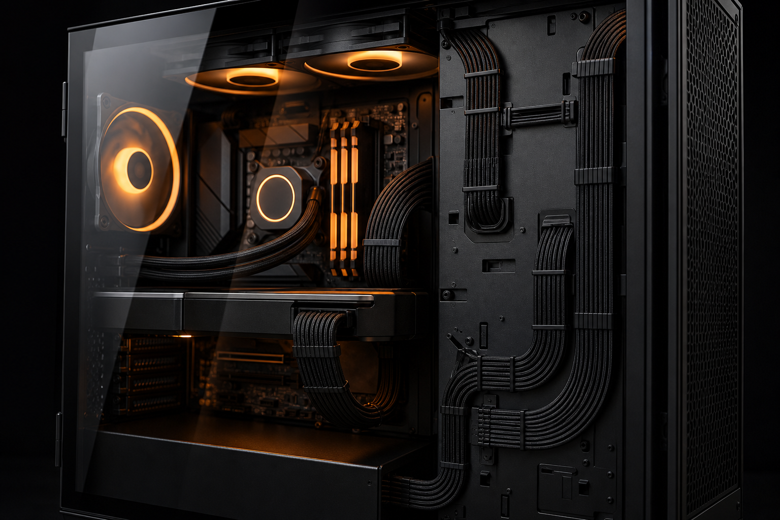 Perfectly routed cable management inside a gaming PC case