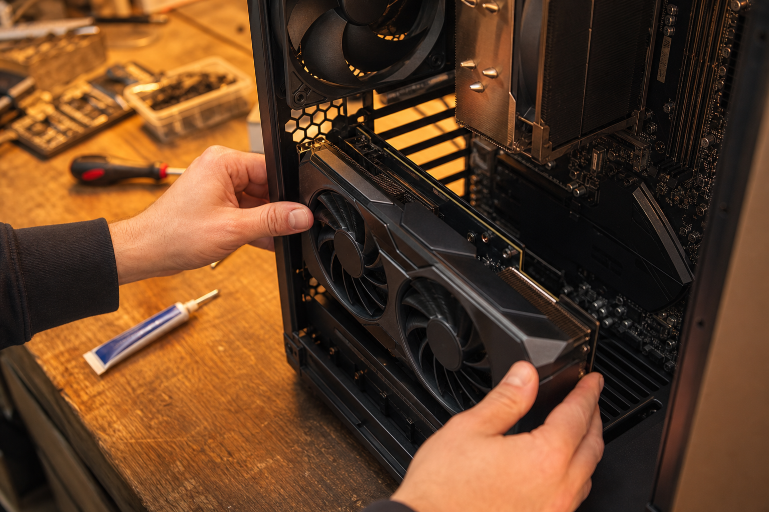 Hands installing a graphics card into an open PC case