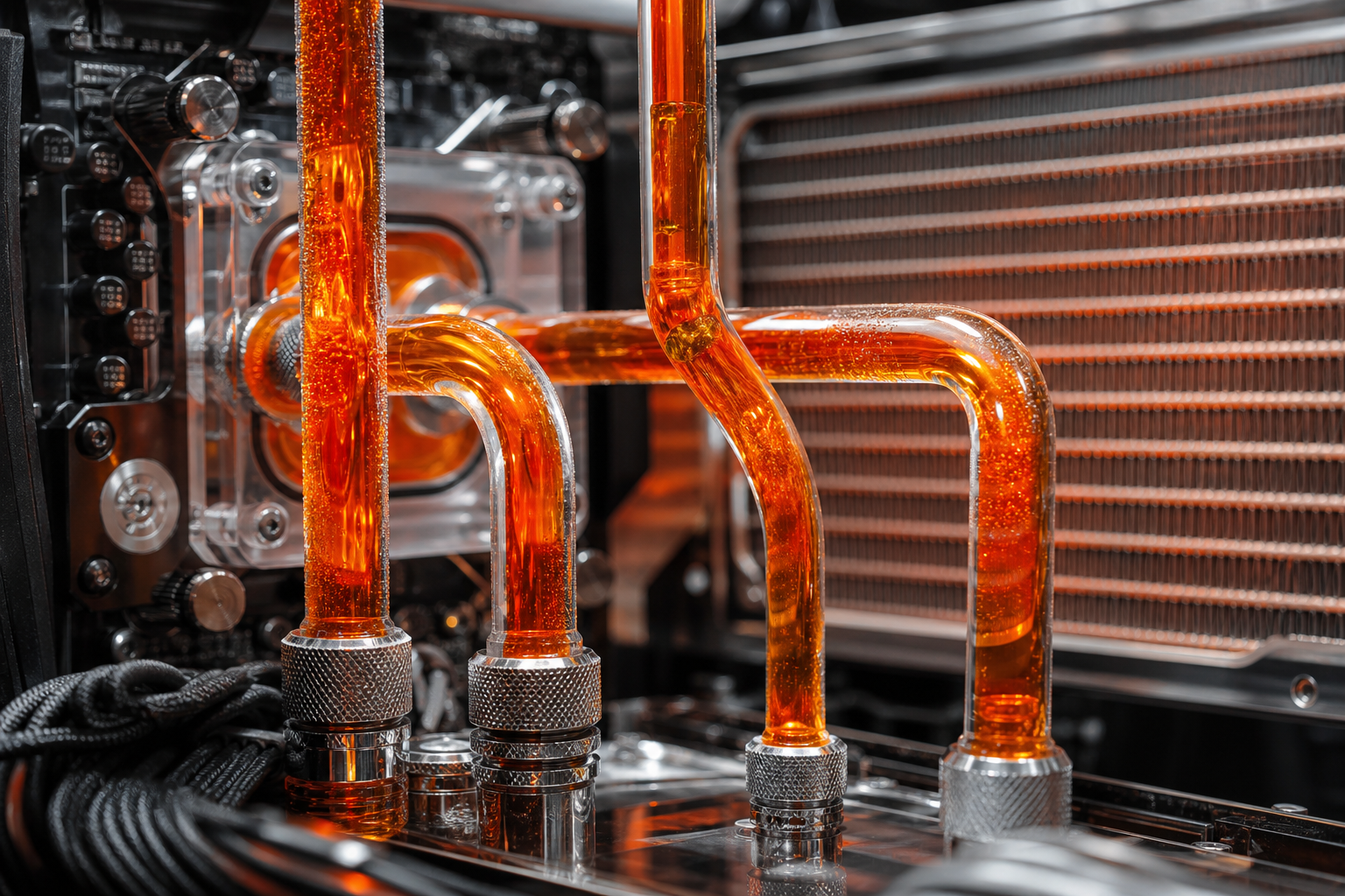 Custom watercooling loop with orange coolant and radiator