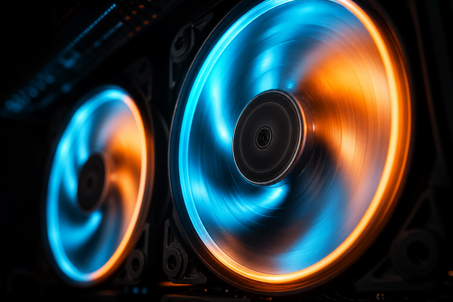 Macro close-up of glowing RGB case fans